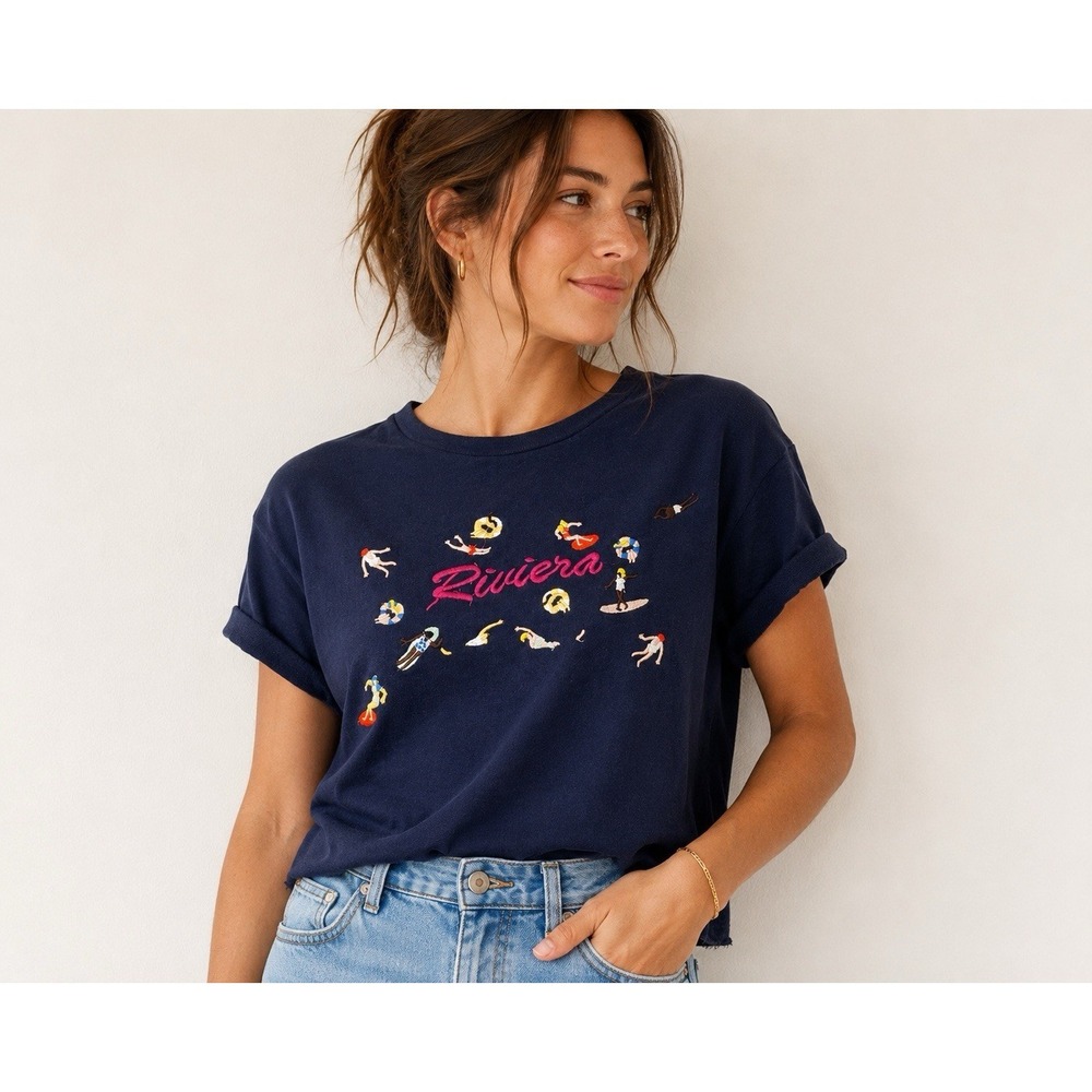 Anthropologie Maeve Embroidered Tee XS Navy Swimmers Beachcore Resort Boxy Top